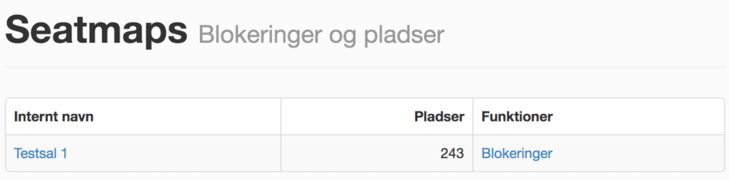 Oversigt over tilgængelige seatmaps og mulighed for at oprette blokeringer.