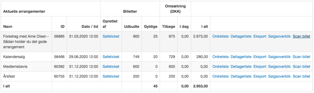 Fra forsiden på dit Safeticket billetsystem kan du også tilgå billetscanning på det enkelte arrangement.