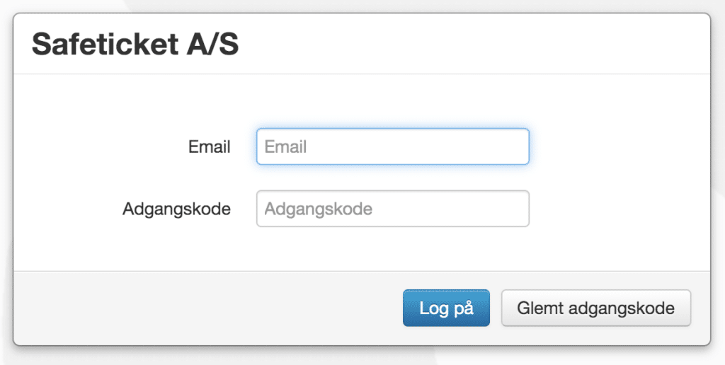 login på Safeticket med email og adgangskode