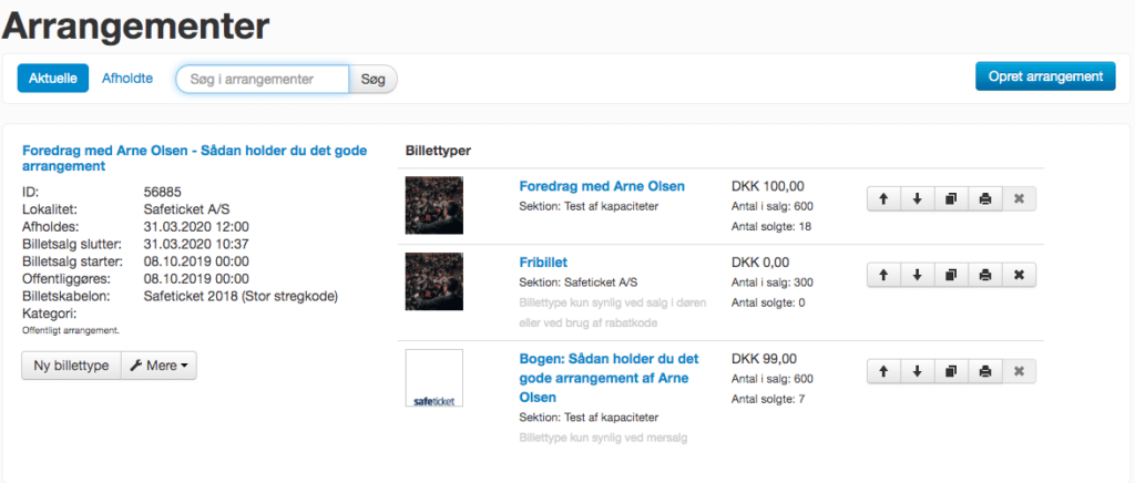 Få et overblik over arrangementer og billettyper med mulighed for at rette indstillingerne på dem.