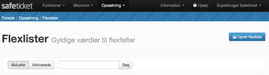 Her får du en oversigt over de flexlister du har oprettet i dit billetsystem.