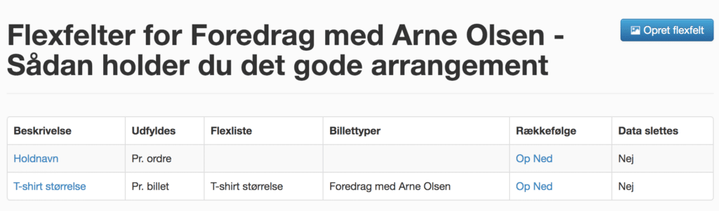 Oversigten over flexfelter giver en ide over, hvilken rækkefølge de kommer i i købsforløbet, når en billetkøber skal udfylde kundeoplysningerne.