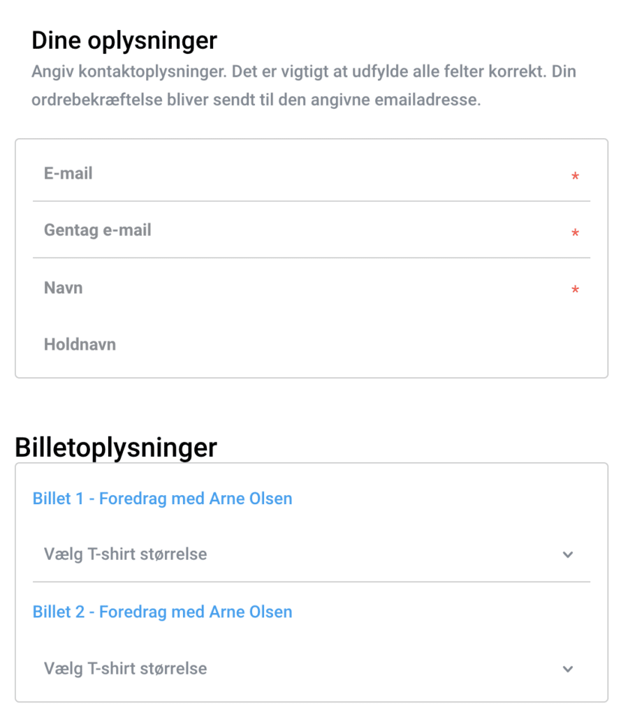 Flexfelterne i billetsystemet vil fremgå som vist for billetkøbere, når de er i købsforløbet.