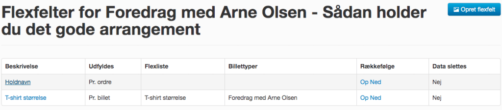 Ud fra oversigten kan du vælge hvilket flexfelt, der skal rettes og slettes