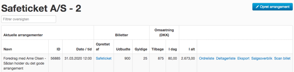 Her ser du forsiden på dit Safeticket Billetsystem har du et salgsoverblik over dine arrangementer og forskellige muligheder som at gå til ordreliste, lave en eksport eller scanne billetter.