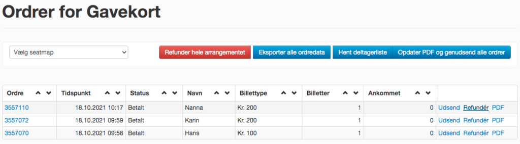 Ordreliste for gavekort