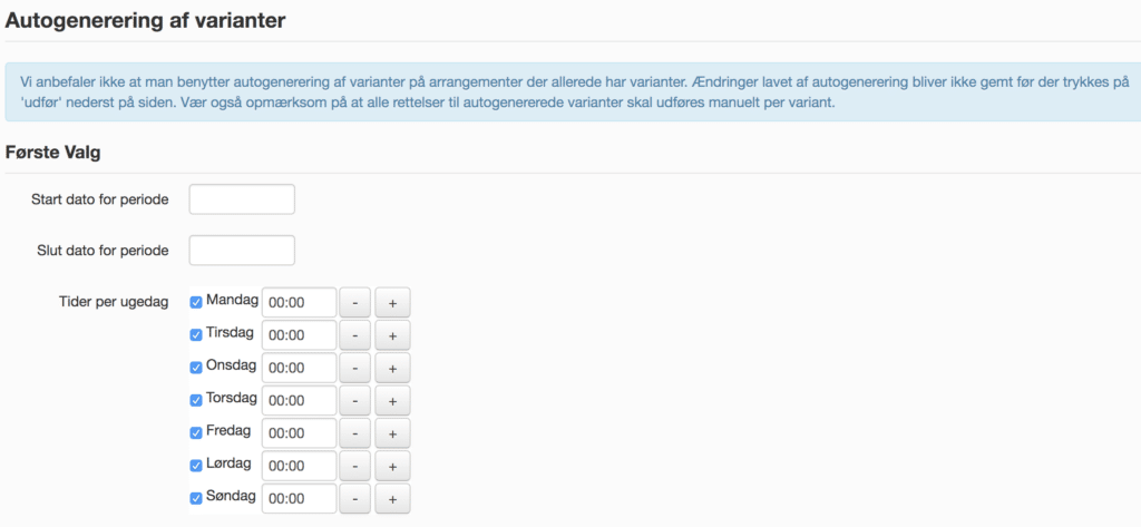 Sådan ser autogenereringssiden ud for arrangementsvarianter