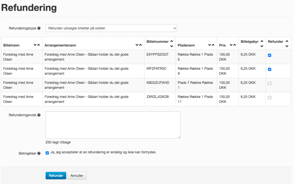 Vælg hvad der skal refunderes og accepter betingelserne