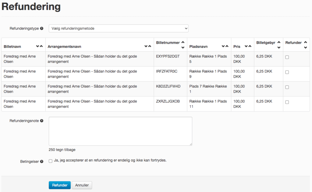 Vælg refunderingsmetode og hvilke billetter der refunderes
