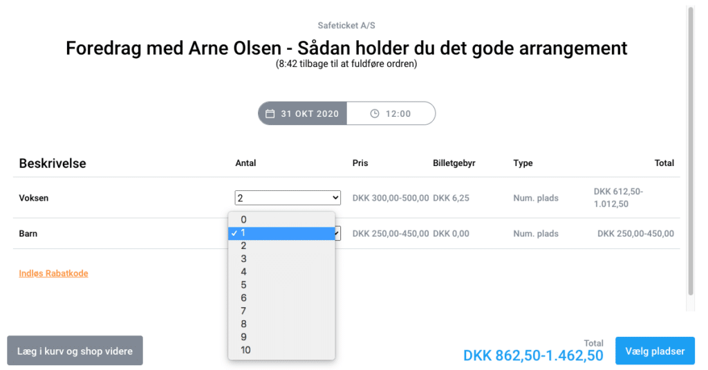 Vælg antallet af billetter på et seatmap med prisgrupper