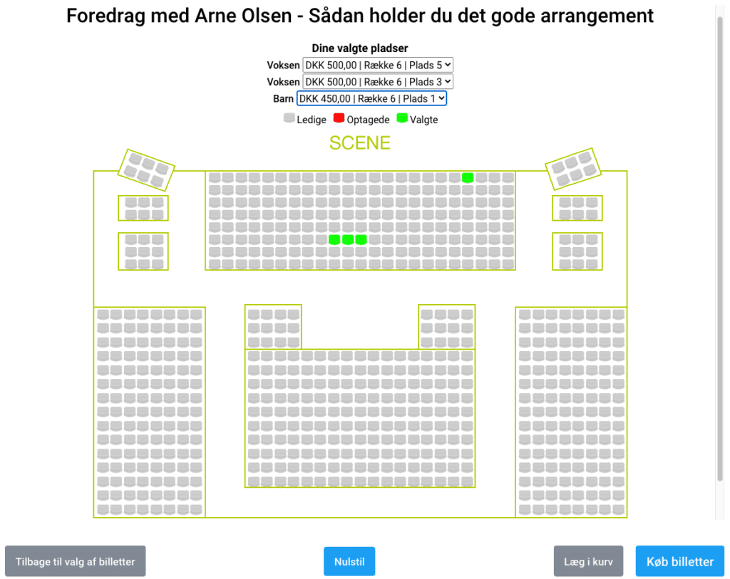 Vælg pladser på et seatmap med prisgrupper