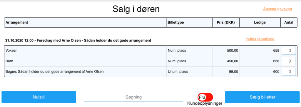 Vælg arrangement og billetter, der skal sælges i salg i døren