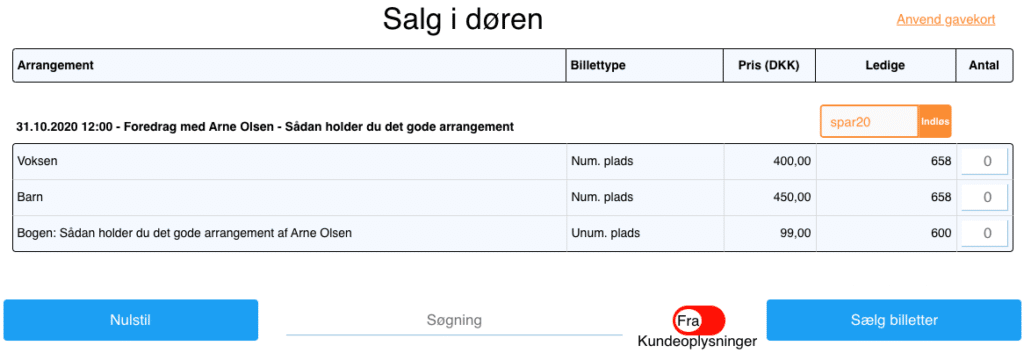 Har billetkøberen en rabatkode, kan du anvende det, når du sælger billetter i døren