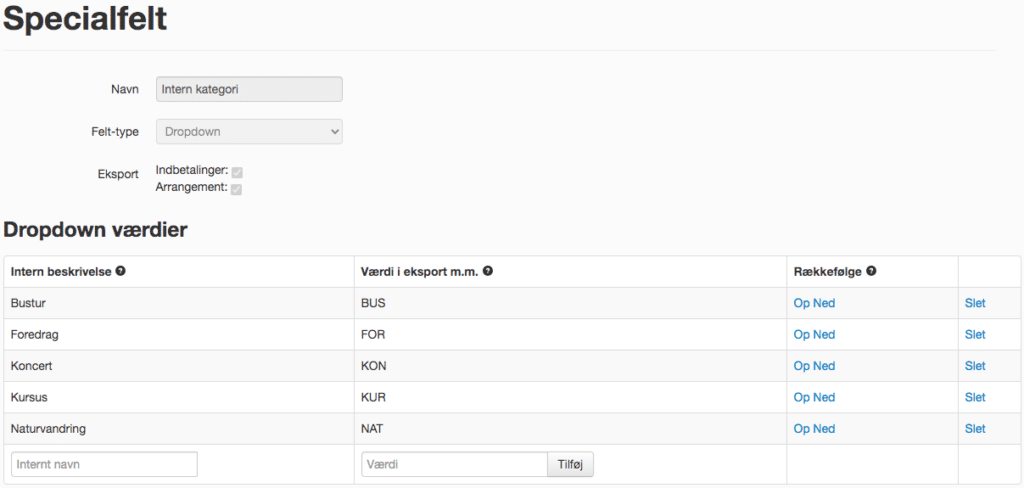 Specialfelter kan laves som dropdown, så du nemt kan finde den rigtige kategori for dit billetsalg
