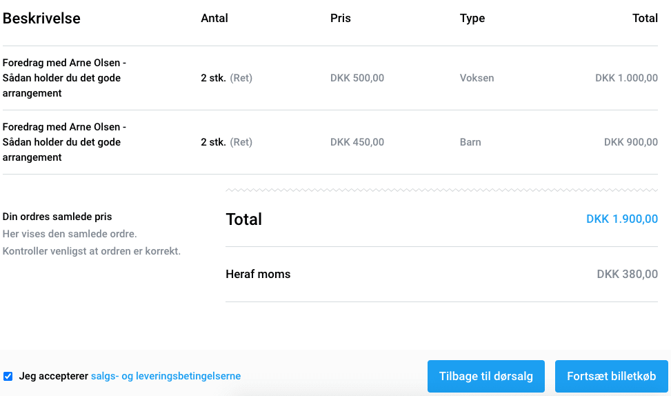 Kvittering for de solgte billetter, uanset om du selv udsteder dem eller de er købt i et online billetsalg