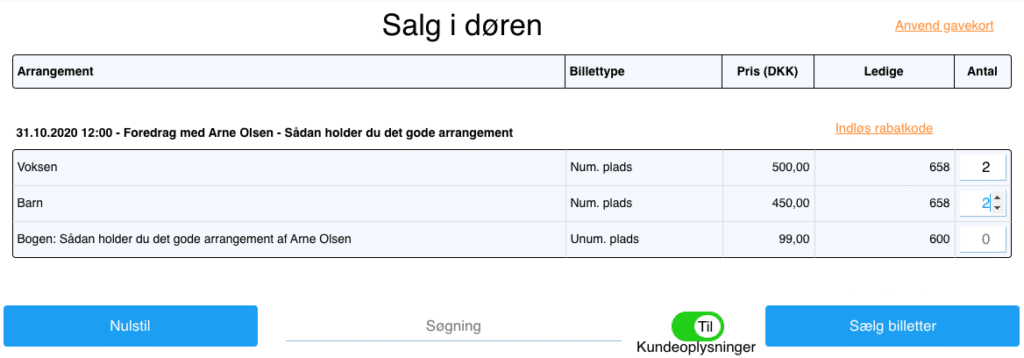 Tilvælg at udfylde kundeoplysninger ved salg af billetter i døren