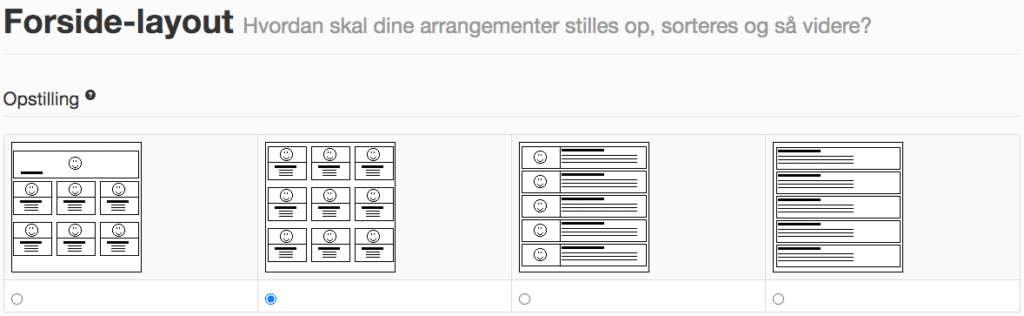 Layoutindstillinger for opstilling af events på din billetportal