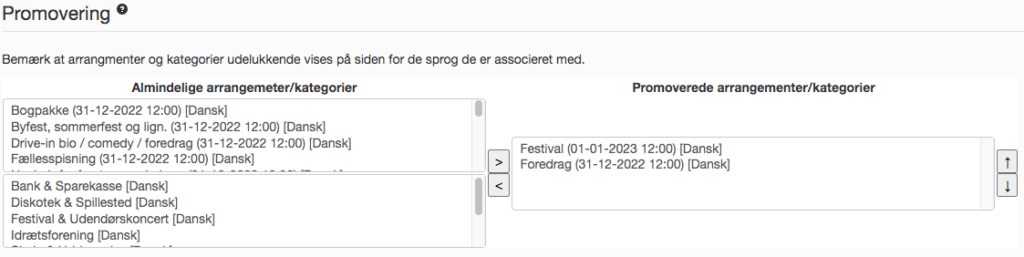 Vælg hvilke arrangementer eller kategorier, der skal promoveres